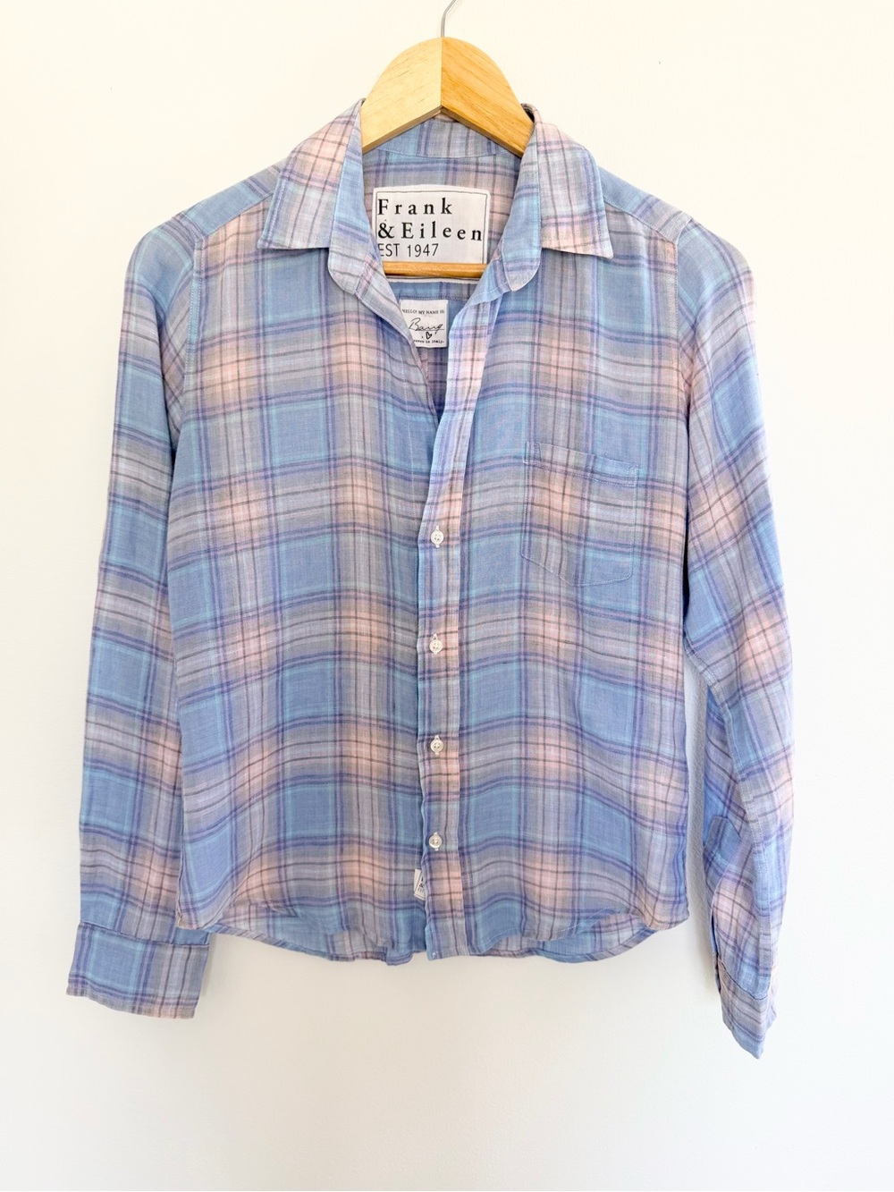 Frank & Eileen Barry Plaid Linen Button Down Shirt Blue Pink XS